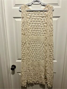 Vintage Cardigan Crochet Boho Top Medium Open Front Vest Festival Summer Cream